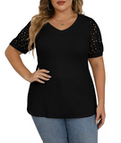 JWD Plus Size Tops For Women Summer Blouse Waffle Knit Short Lace Sleeve Shirts Plus Size Womens Clothes