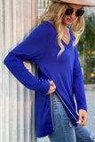 128ve980 Causal V-Neck Soft Raglan Short Sweatshirts Tops Basic T-Shirt Split Blouse with Side Zipper Blue