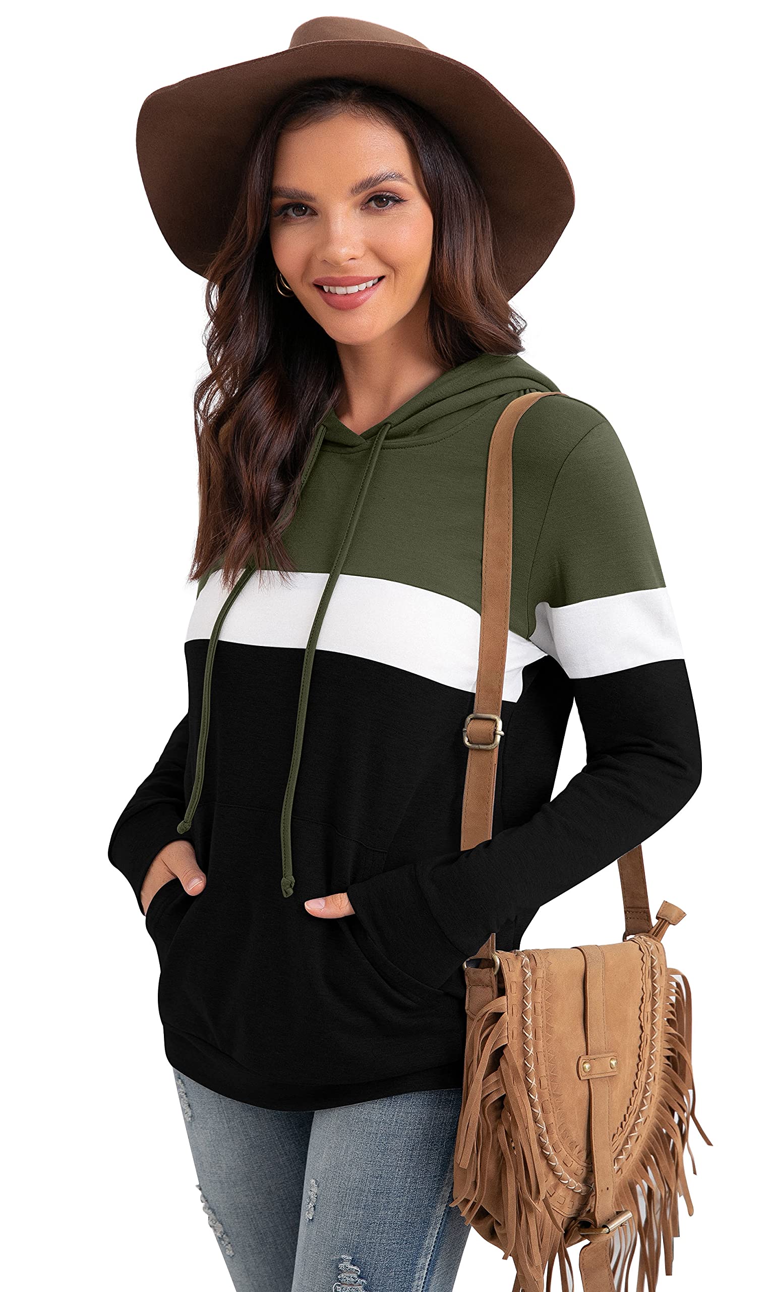 PrinStory Fall Drawstring Sweatshirts Color Block Tops Long Sleeve Loose Pullover Sweatshirts With Pocket For Women