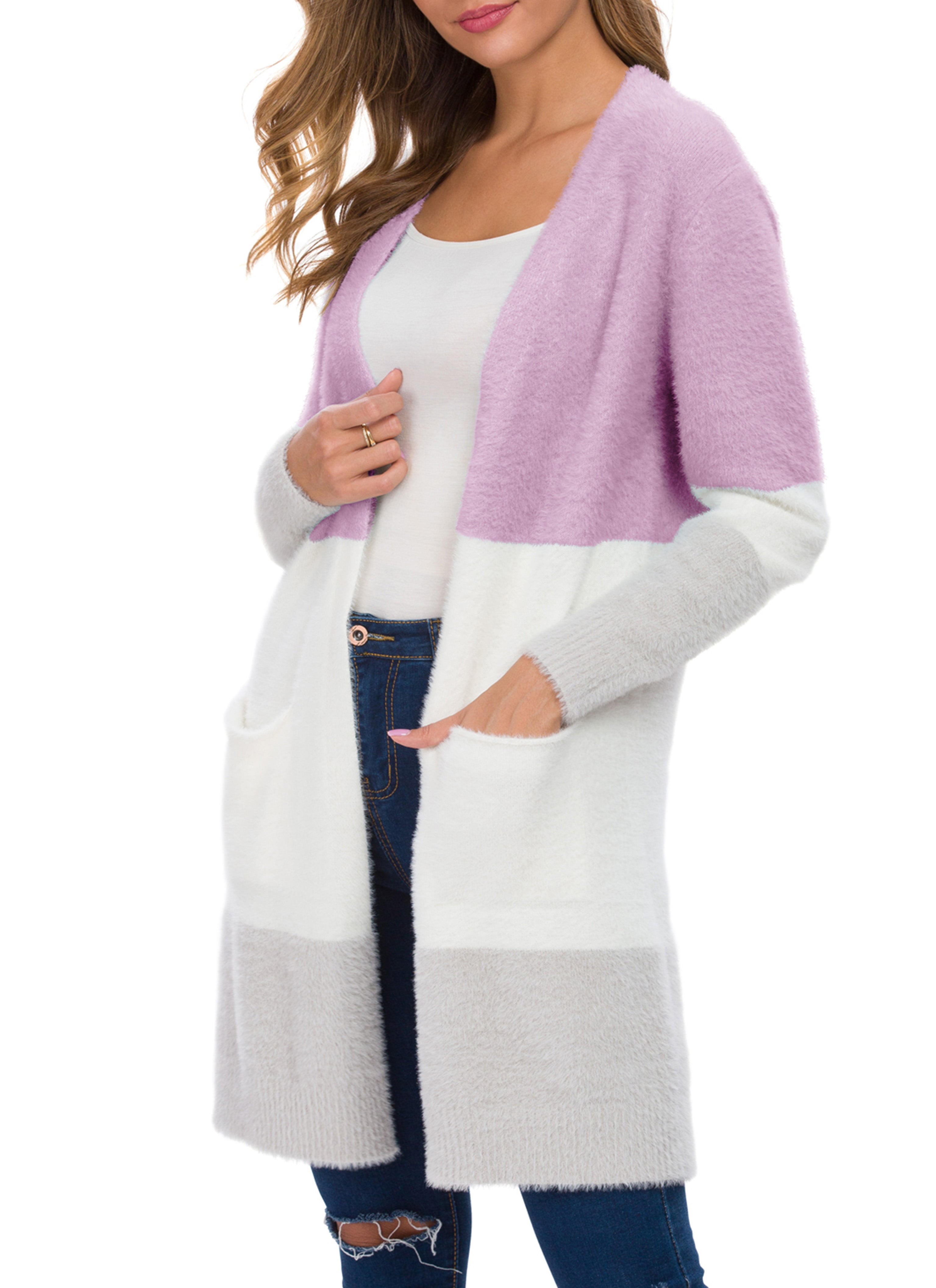 OLRIK Women's Casual Open Front Knit Cardigans Long Sleeve Plush Sweater Coat with Pockets