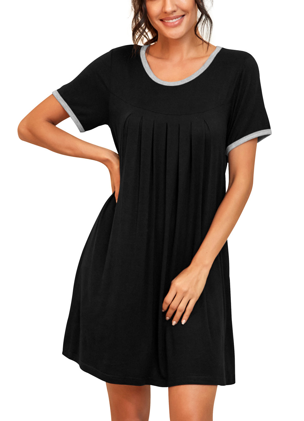 JWD Womens Sleepwear Short Sleeve Nightgown Soft Sleepshirt Pleated Nightshirt Scoopneck Casual
