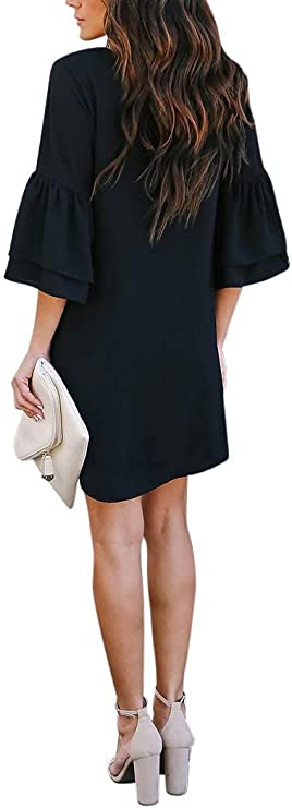 Hisir Homme Women's Dress Sweet & Cute V-Neck Bell Sleeve Shift Dress Mini Dress
