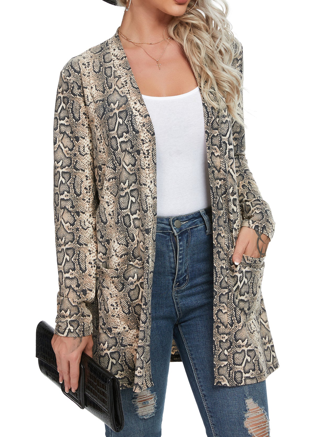 OLRIK Women's Casual Leopard Printed Cardigans Long Sleeve Cover Up with Pockets