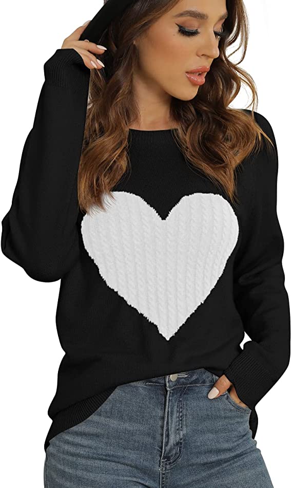 Hisir Homme Women's Pullover Sweater Round Neck Long Sleeve Heart-Shaped Sweater