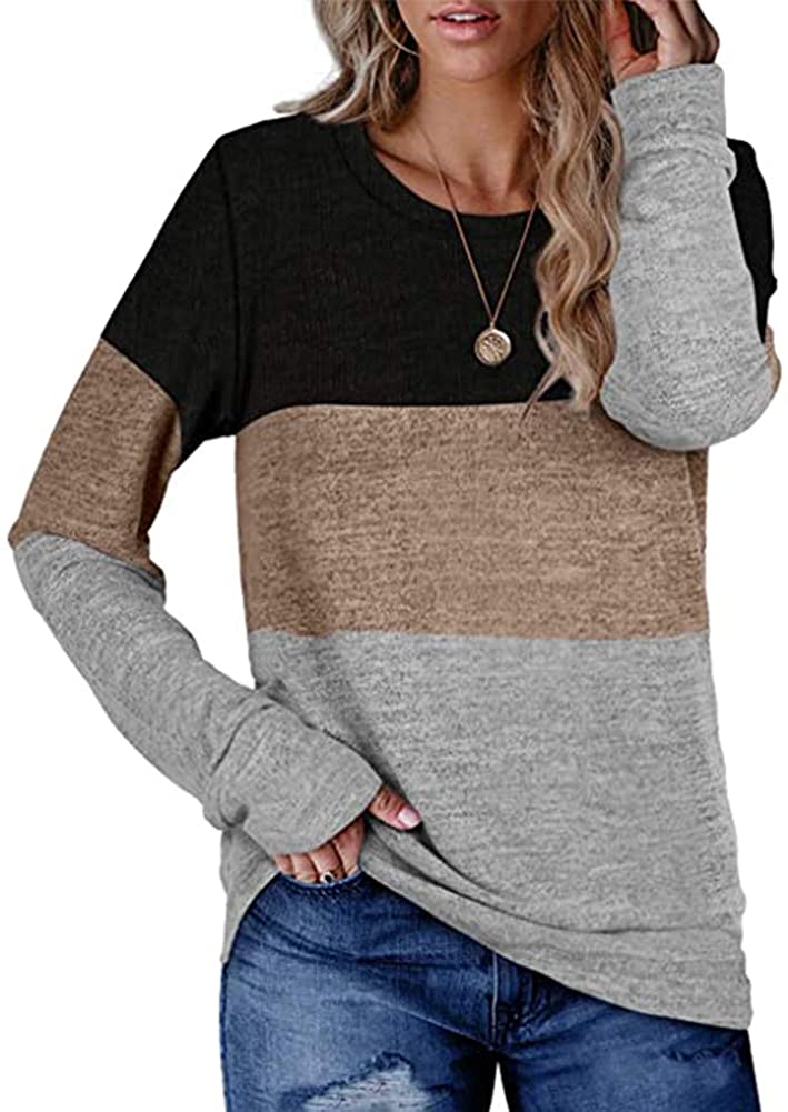 OLRIK Women's Round Neck Pullover Color Block Sweater Loose Casual Top