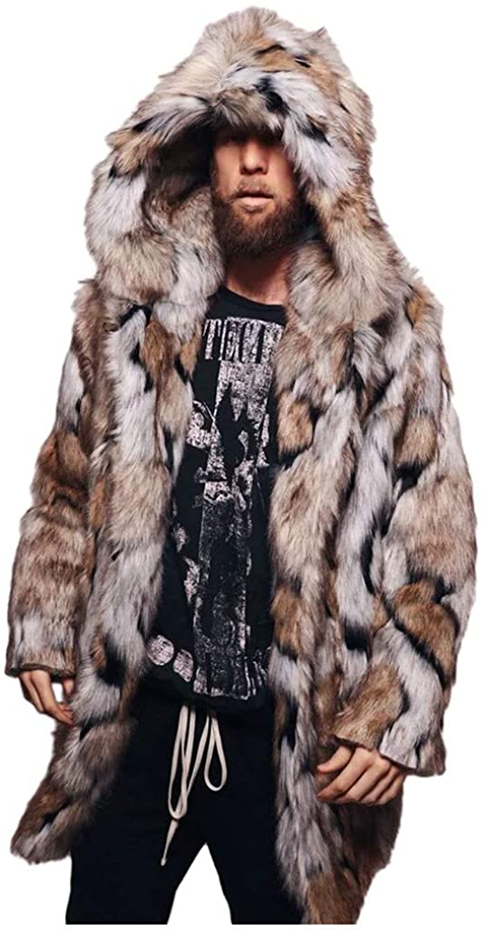 OLRIK Mens Faux Fur Coat Jackets with Hood,  Casual Winter Warm Windproof Fleece Fluffy Slim Fit Cardigan