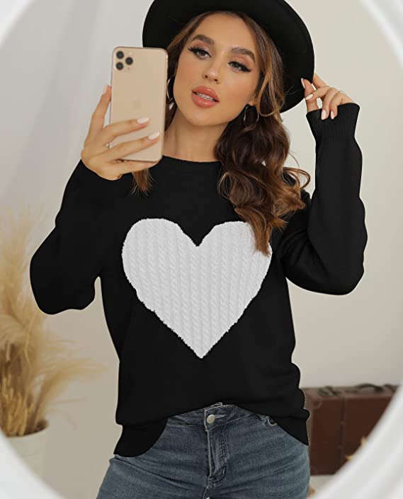 Hisir Club Women's Pullover Sweater Round Neck Long Sleeve Heart-Shaped Sweater