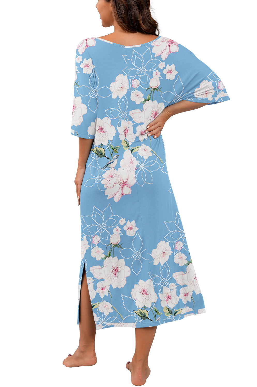 Long Nightgown Round Neck Short Sleeve Loose Loungewear With Pockets