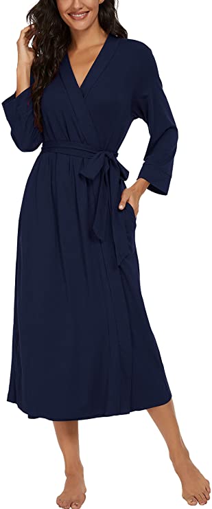 Hisir Club Women Kimono Robes Long Knit Bathrobe Lightweight Soft Knit Sleepwear V-neck Casual Ladies Loungewear