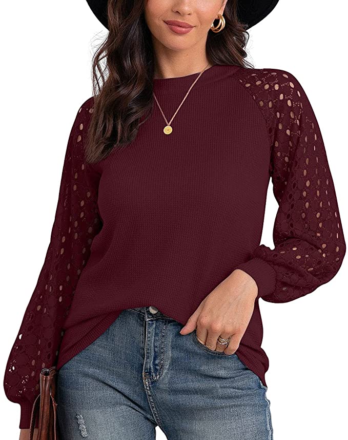 Hey Sir Women's Waffle Knit Blouse Ballon Long Sleeve Lace Tops Casual Loose T Shirts