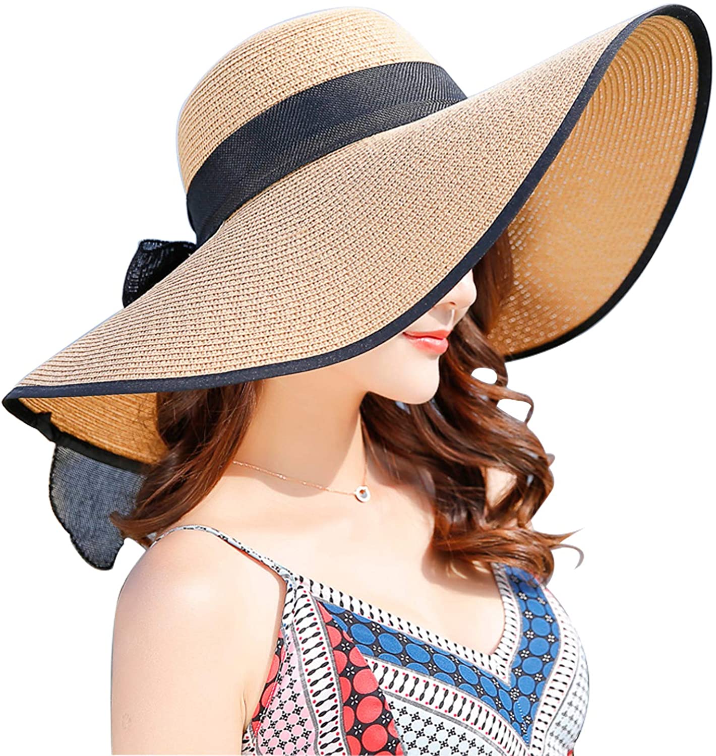 OLRIK Women's Wide Brim Sun Protection Straw Hat,Folable Floppy Hat,Summer UV Protection Beach Cap