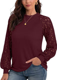 Hey Sir Women's Waffle Knit Blouse Ballon Long Sleeve Lace Tops Casual Loose T Shirts