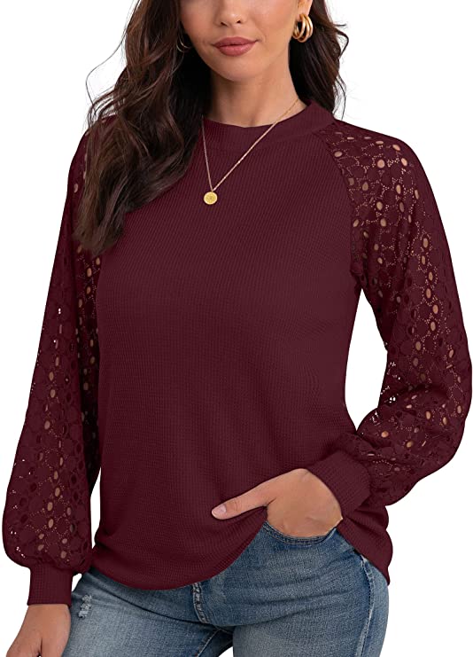 Hisir Homme Women's Waffle Knit Blouse Ballon Long Sleeve Lace Tops Casual Loose T Shirts
