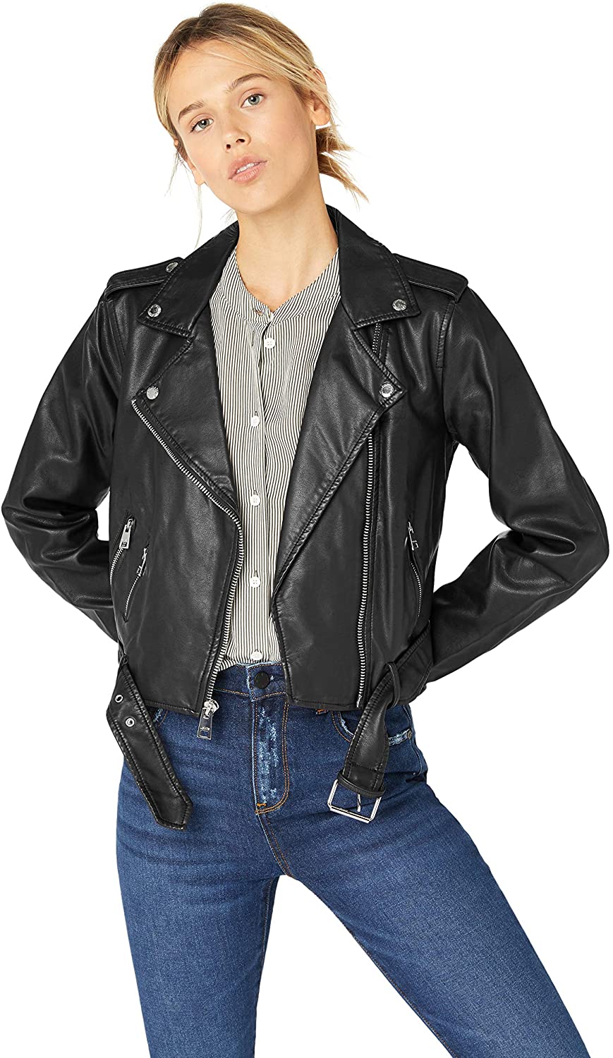 OLRIK Women's Faux Leather Belted Motorcycle Jacket