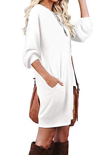 PrinStory Women's Long Sleeves Dresses Casual Loose Round-Neck Tuinc Tops Basic Dress with Side Pockets