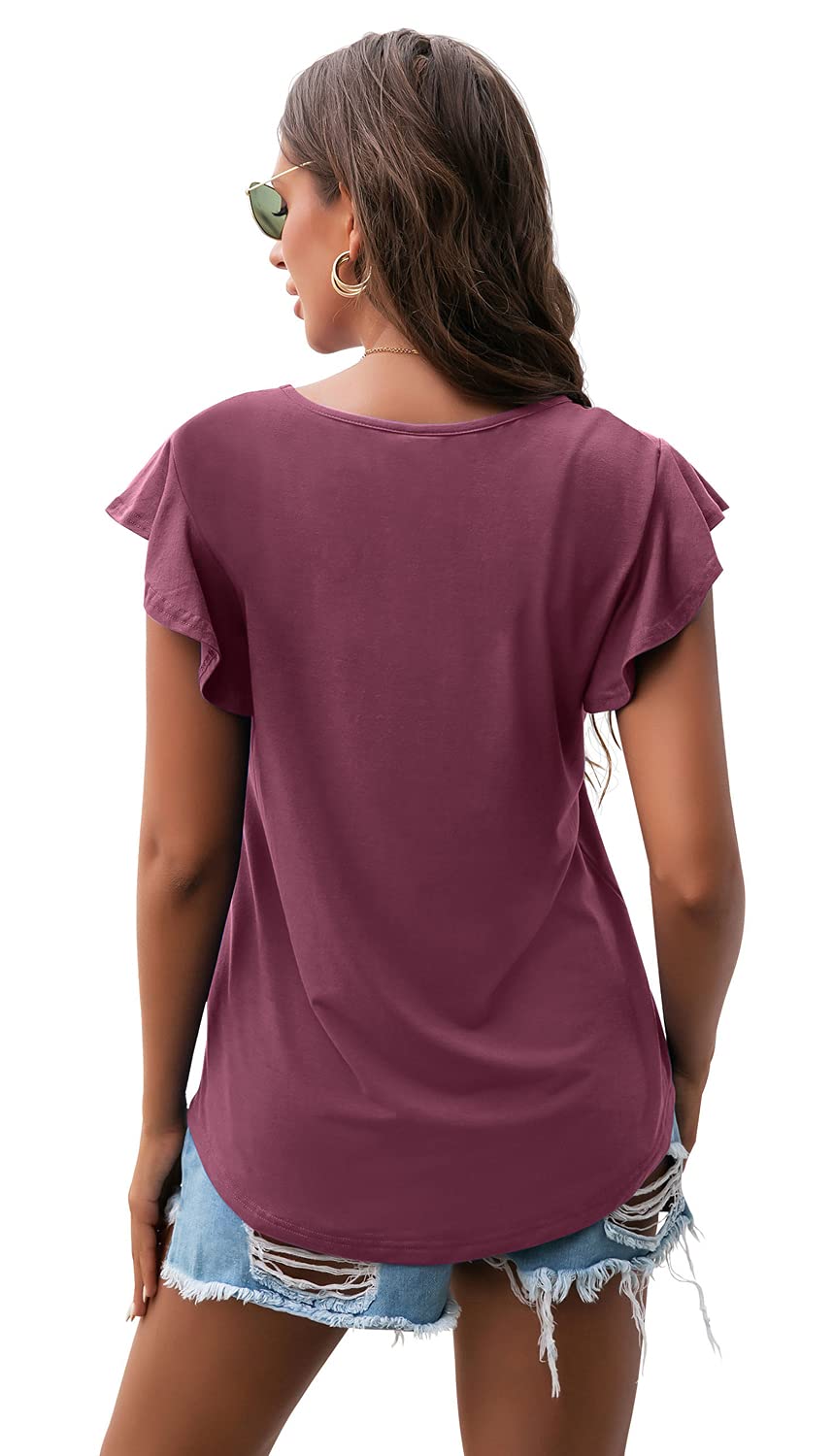 RYRJJ Womens Summer Ruffle Sleeve Tshirts Eyelet Crew Neck Loose Fit Casual  Blouse Tops(Purple,M) 