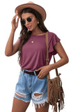 PrinStory Summer Tops Knit Shirts Casual Ruffle Short Sleeve Top Round Neck Tunic Tank Tops Tee Blouse for Women