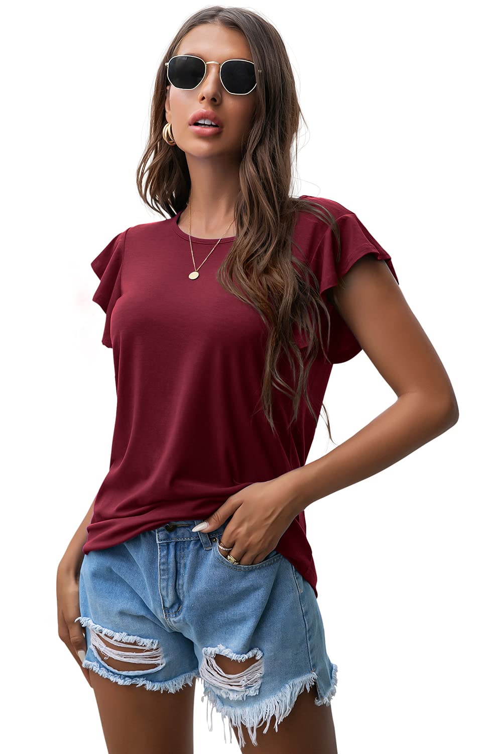 HWOKEFEIYU Women's Half Sleeve Shirts Casual Summer Top Basic Ribbed Knit T  Shirts(Wine Red,Small) at  Women's Clothing store