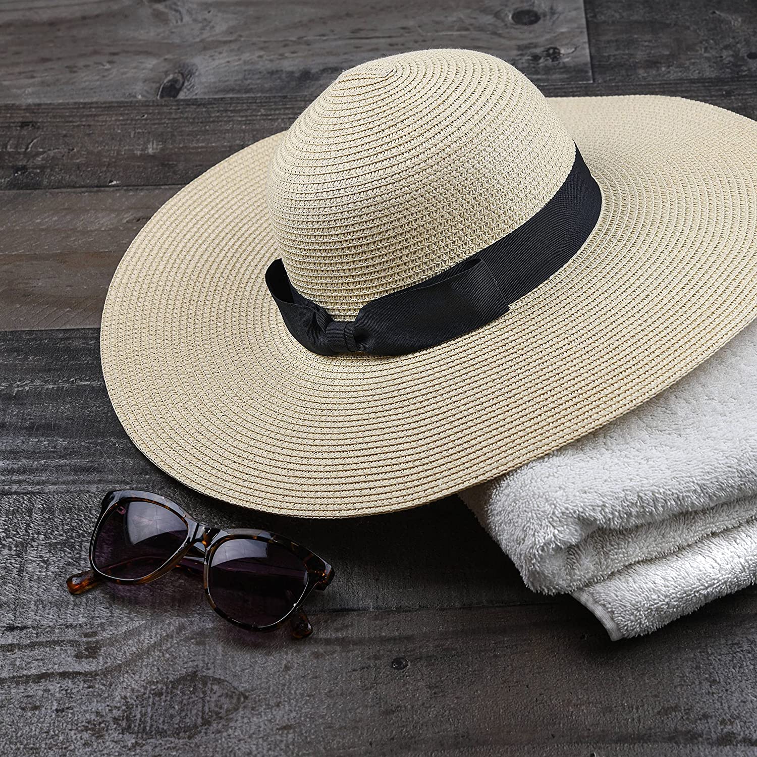 Hey Sir Women Floppy Sun Hat with Wide Brim—Foldable Roll-Up Straw Beach Hat UPF 50
