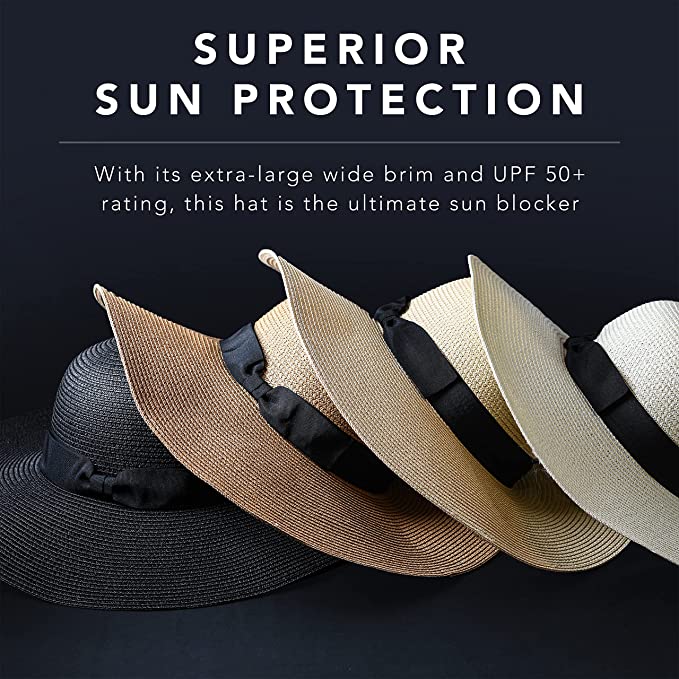 Hey Sir Women Floppy Sun Hat with Wide Brim—Foldable Roll-Up Straw Beach Hat UPF 50