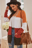 Color Bock Casual Loose Knit Sweaters Coat Long Sleeve with Pockets