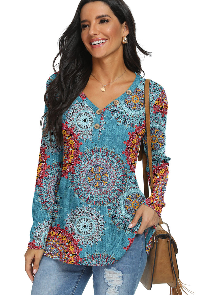 Floral Waffle Knit Button Up Henley Tunic