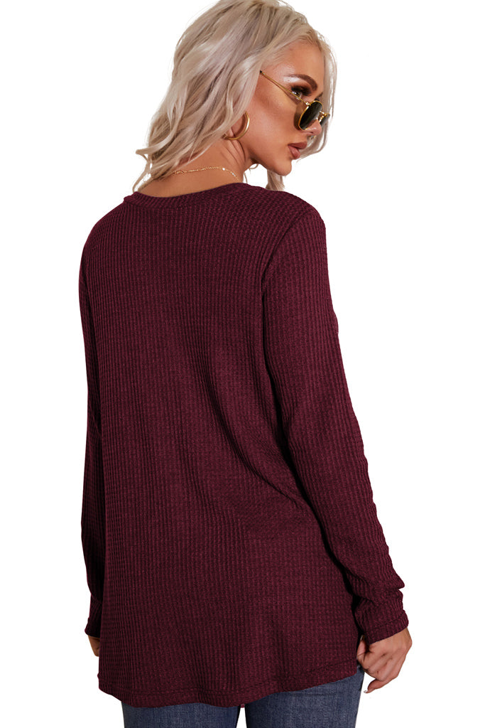 Solid Waffle Knit Button Up Henley Tunic