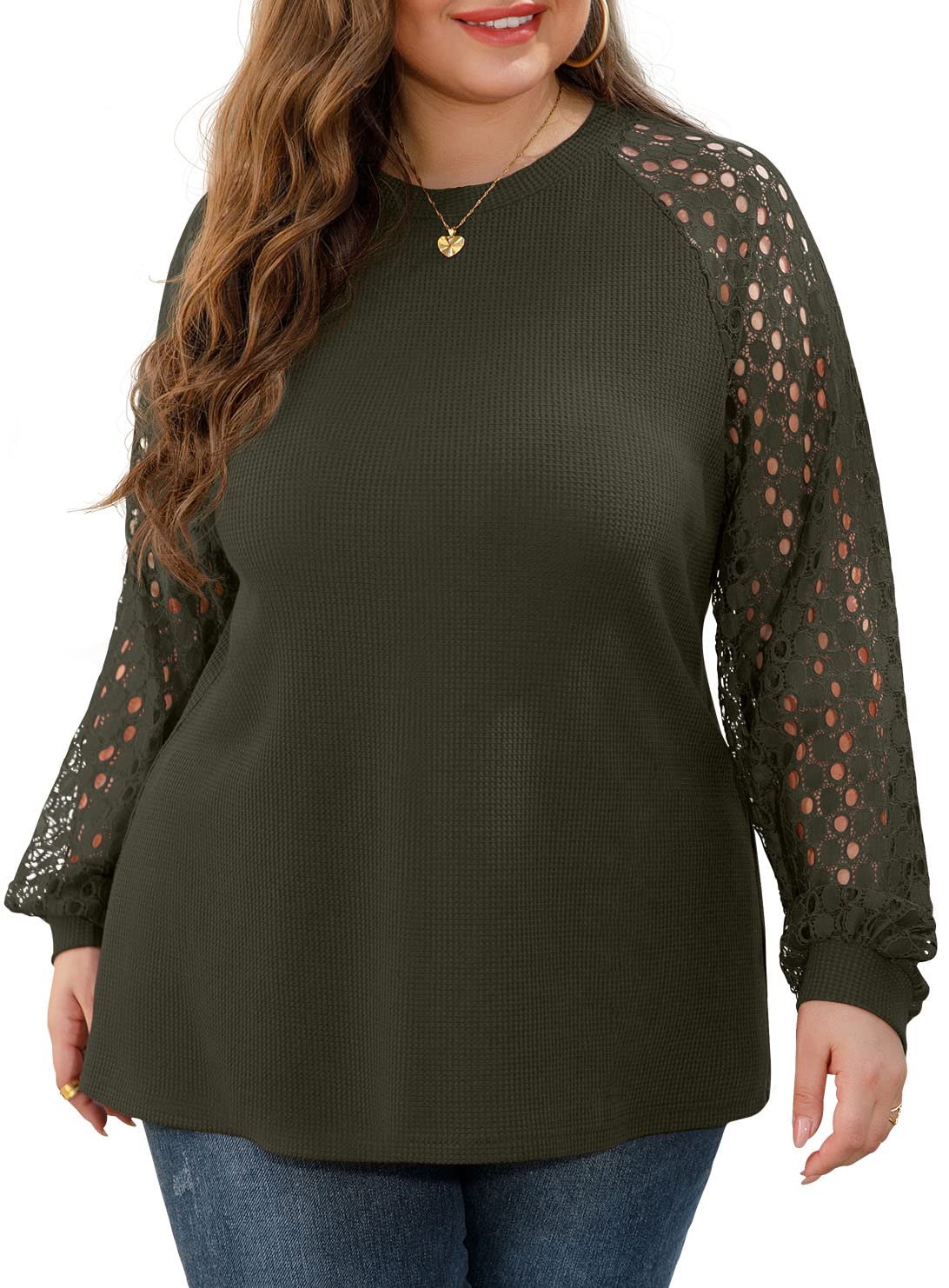 JWD Plus Size Tops For Women Lace Sleeve Blouse Waffle Knit Long Sleeve  Shirts Wine Red-2X