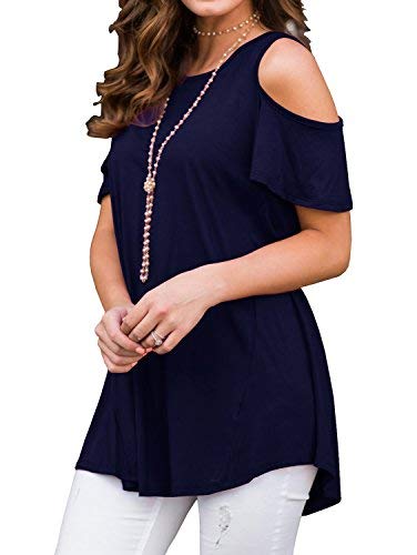 PrinStory Women's Short Sleeve Casual Cold Shoulder Tunic Tops Loose Blouse Shirts