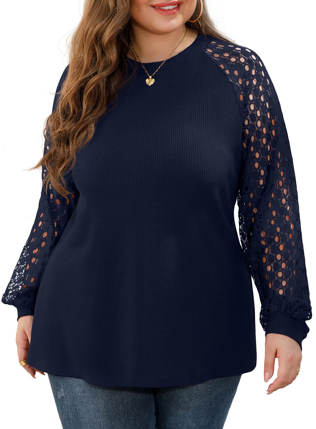 JWD Plus Size Tops for Women Lace Sleeve Blouse Waffle Knit Long/Short Sleeve Shirts