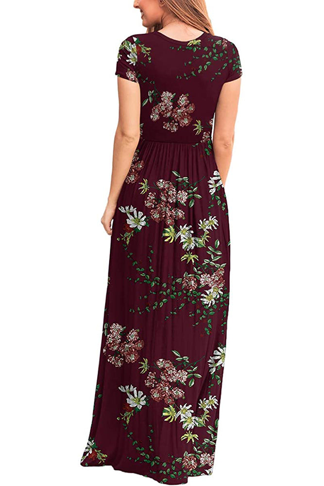Floral Short Sleeves Loose Plain Maxi Dresses Casual Long Dresses with Pockets-Cathy Style