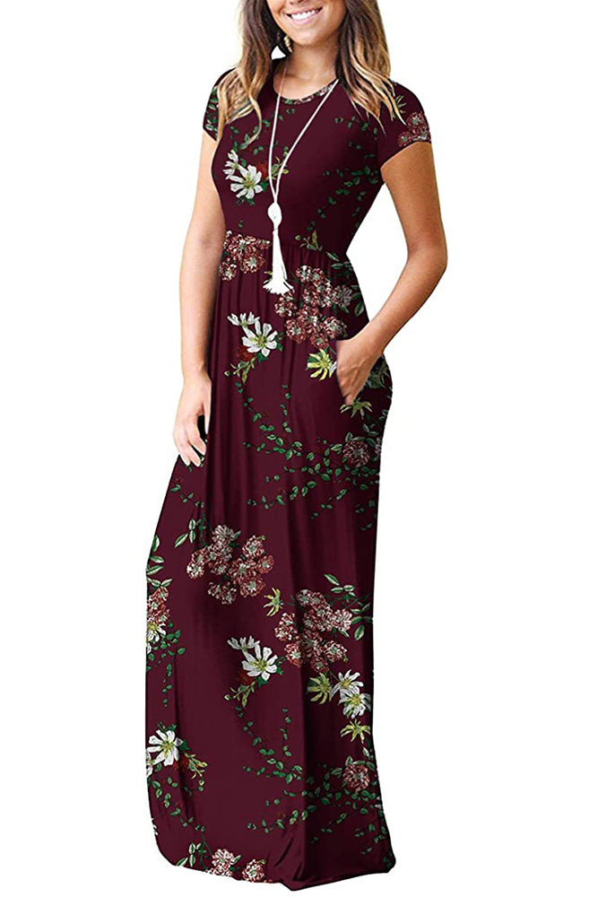 Floral Short Sleeves Loose Plain Maxi Dresses Casual Long Dresses with Pockets-Cathy Style
