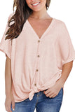 Loose Blouse Short Sleeve V Neck Button Down T Shirt Tie Front Knot Casual Tops