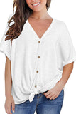 Loose Blouse Short Sleeve V Neck Button Down T Shirt Tie Front Knot Casual Tops