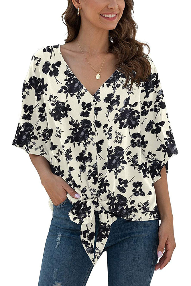 SHOWMALL Floral Tie Front Chiffon Blouses V Neck Batwing Short Sleeves Summer Tops Shirts
