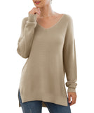 JWD Women's V-Neck Long Sleeve Side Split Loose Casual Knit Pullover Sweater Blouse