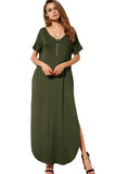 Casual Loose Pocket Long Dress Short Sleeve Split Maxi Dresses Green