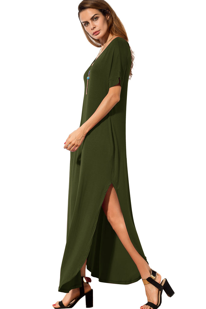 Casual Loose Pocket Long Dress Short Sleeve Split Maxi Dresses Green