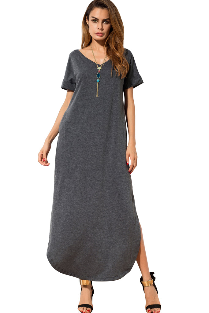 Casual Loose Pocket Long Dress Short Sleeve Split Maxi Dresses Gray