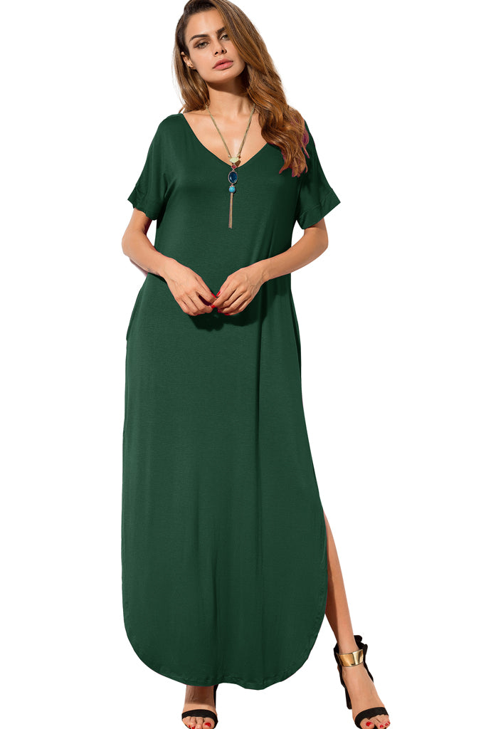 Casual Loose Pocket Long Dress Short Sleeve Split Maxi Dresses Green womenboutique Casual Loose Pocket Long Dress Short Sleeve Split Maxi Dresses Green womenboutique