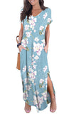 Casual Loose Pocket Long Dress Short Sleeve Split Maxi Dresses Foral Blue