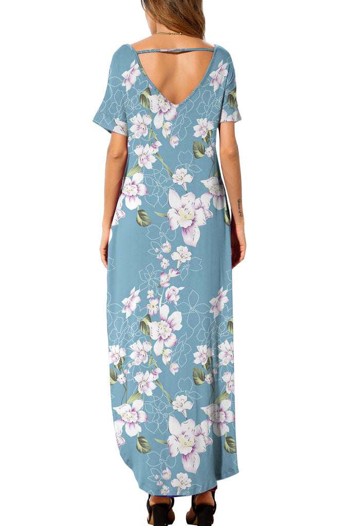 Casual Loose Pocket Long Dress Short Sleeve Split Maxi Dresses Foral Blue