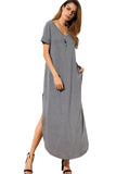 Casual Loose Pocket Long Dress Short Sleeve Split Maxi Dresses Gray