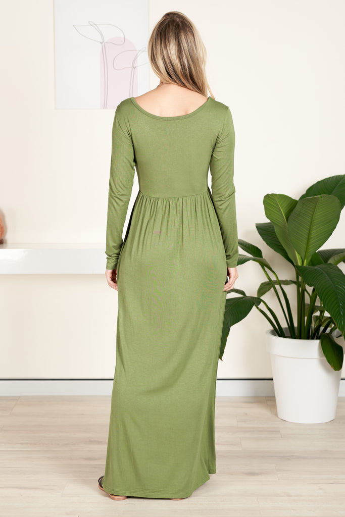 Long Sleeve Loose Plain Maxi Dresses Casual Long Dresses with Pockets Green
