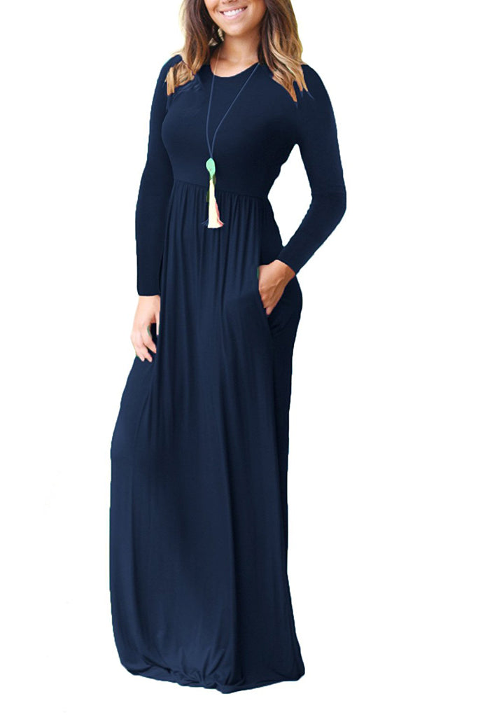 Long Sleeve Loose Plain Maxi Dresses Casual Long Dresses with Pockets