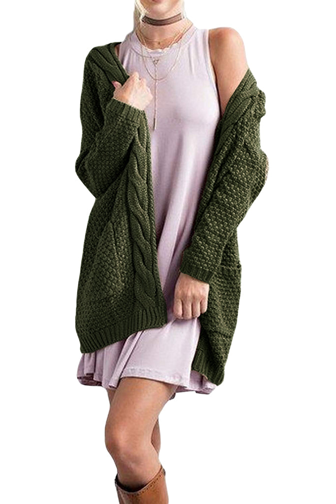 Loose Open Front Long Sleeve Solid Color Knit Cardigans Sweater Blouses with Pockets Army Green