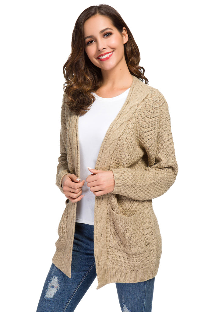 Loose Open Front Long Sleeve Solid Color Knit Cardigans Sweater Blouses with Pockets Khaki Dark Khaki