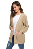 Loose Open Front Long Sleeve Solid Color Knit Cardigans Sweater Blouses with Pockets Khaki Dark Khaki