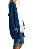 Loose Open Front Long Sleeve Solid Color Knit Cardigans Sweater Blouses with Pockets Navy Blue
