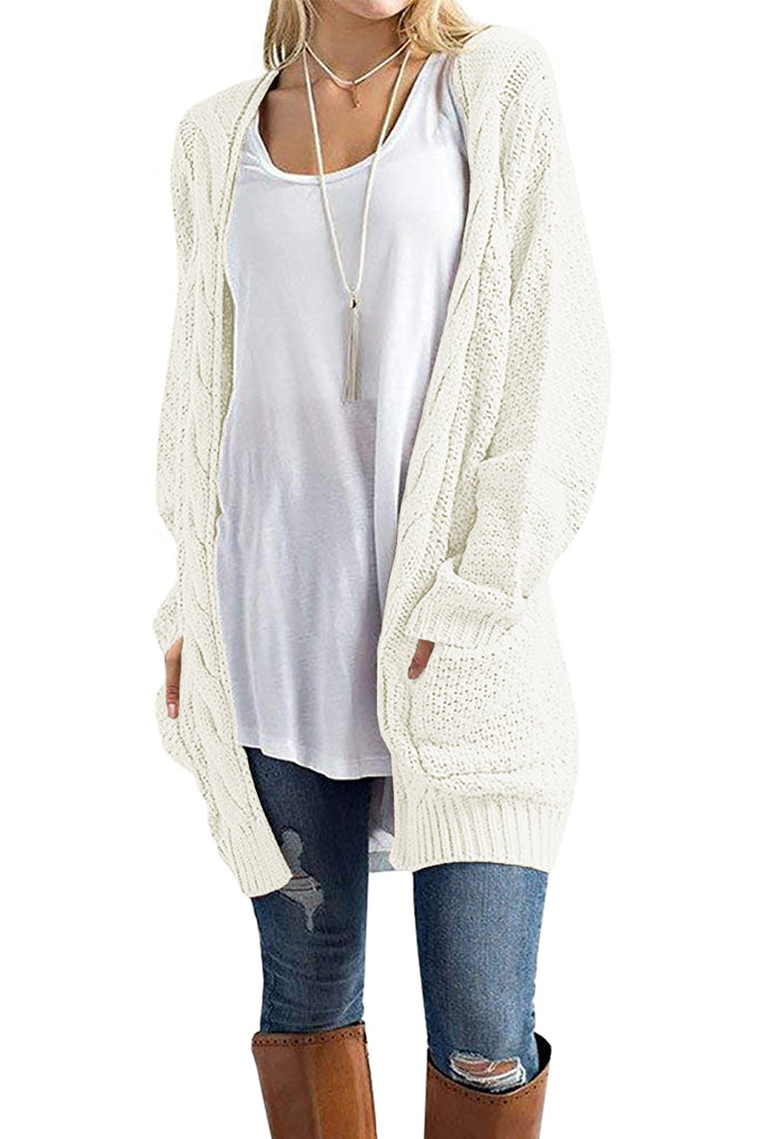 Loose Open Front Long Sleeve Solid Color Knit Cardigans Sweater Blouses with Pockets White